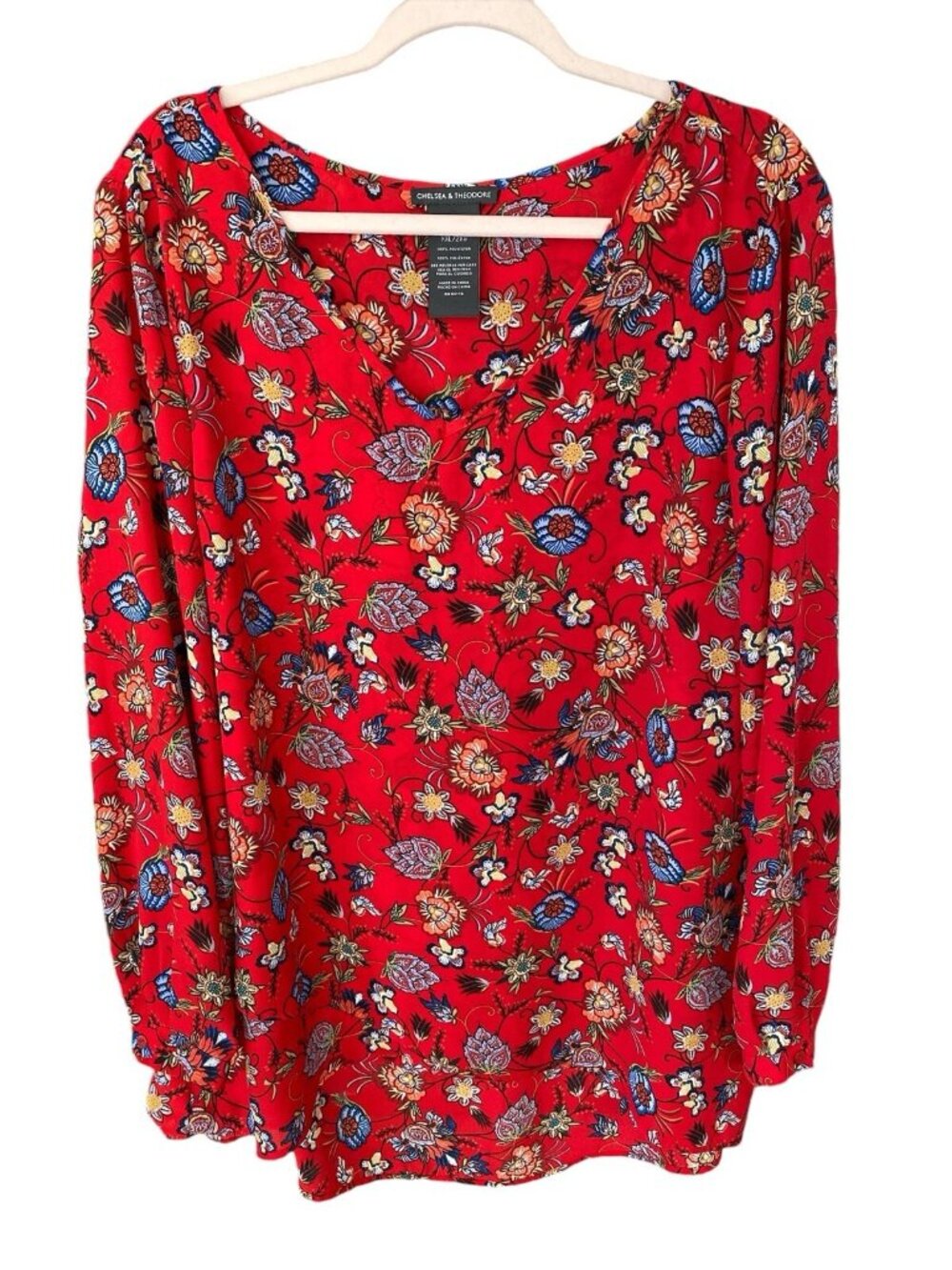Chelsea & Theodore Women's Red Floral Long Sleeve V Neck Blouse-Size XXL-#B1